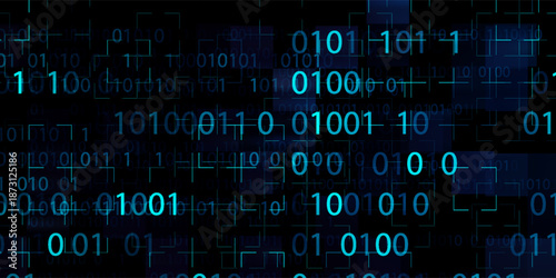 Blue Binary Data Software Programming Code Background. LLM GPT Tech Concept. Digital Data Technology. 1 0 Machine Code. Random Binary Data Matrix Wide Vector Illustration.