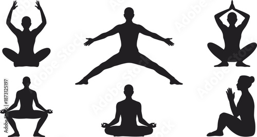 Silhouettes of people practicing yoga and meditation poses on white background person