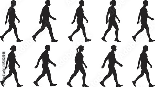 Ten Silhouettes Of People Walking In Profile On White Background movement motion