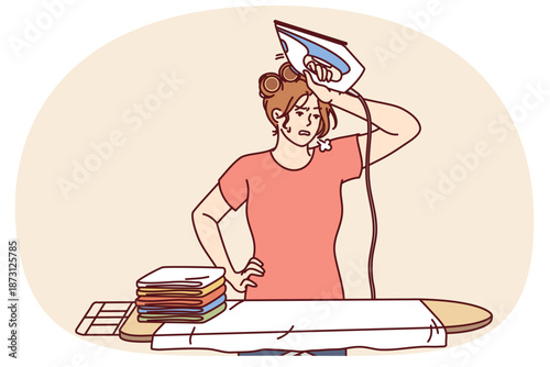 Woman housewife with iron wipes sweat from forehead standing near ironing board and tired due to lot of housework. Girl housekeeper with iron feels exhausted and needs rest from doing daily routine