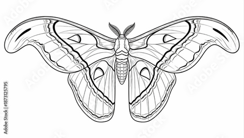 Detailed Atlas Moth Line Art Vector Illustration, Symmetrical Butterfly Outline for Vintage Tattoo Design or Minimalist Nature Home Decor