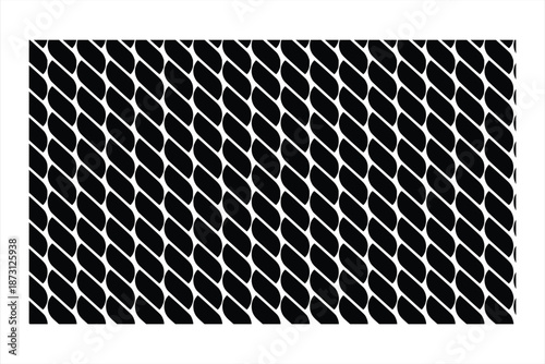 This high-contrast black and white image displays a repeating geometric pattern. Vertical columns of interlocking, elongated shapes are arranged diagonally, creating a dense, braided or woven texture.