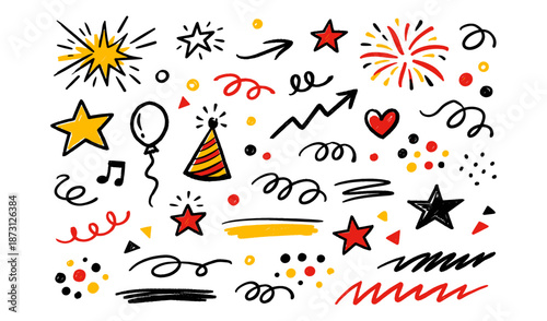 Hand-drawn festive elements like stars, confetti, and party hats create a celebratory pattern