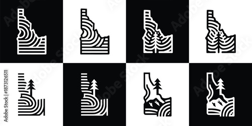 Vector Set of 4 Black and White of Idaho State Map Icons with Mountain and Tree Landscape Line Art