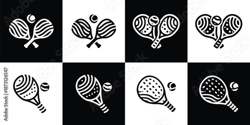 Vector Set of 4 Black and White of Padel Rackets and Balls Abstract Icons Collection
