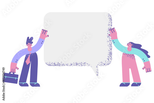Smiling people show offer on speech bubble