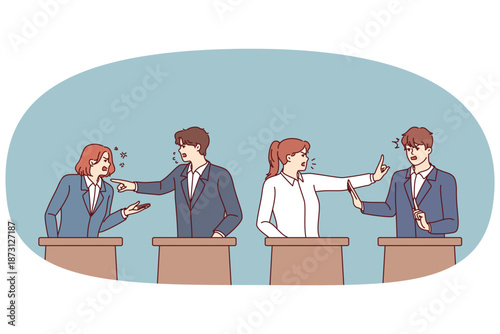 Debates of politicians standing behind stands during election campaign and attempts to out-arguing opponents. Men and women participate in political debates wishing to become deputies or senators