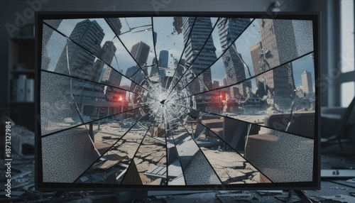 Broken Television Screen Showing Apocalyptic Cityscape with Red Lights and Debris