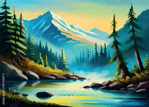Serene Mountain Lake and Forest Landscape
Beautiful Mountain Landscape with Lake and Forest
Mountain River Landscape: Scenic Nature Illustration
Digital Painting of a Mountain Lake Scene 