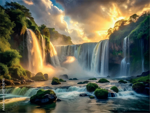 Iguazu Waterfalls Jungle Argentina Brazil
An Image Of A Sunset Near The Iguacu Falls Background
A Serene Multi-tiered Waterfall Cascading through Lush Green Forest with Sunlight Showing Filtering the 