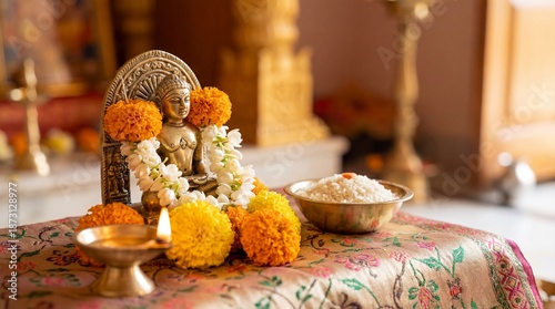 Mahavir jayanti festival setup with golden statue of Jain tirthankara adorned in marigold and jasmine garlands. Traditional diya lamp and rice offering on colorful altar cloth for spiritual worship