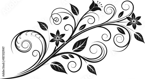 Ornamental design elements - a collection of ornate black and white floral vector elements. Each design should feature intricate swirls, curls, and botanical motifs such as leaves, vines, petals.
