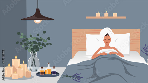 Serene vector illustration of a woman enjoying a peaceful self-care routine. An editable e.eps graphic depicting relaxation in bed with aromatherapy for wellness