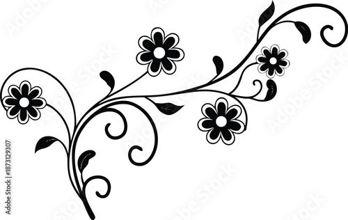Ornamental design elements - a collection of ornate black and white floral vector elements. Each design should feature intricate swirls, curls, and botanical motifs such as leaves, vines, petals.
