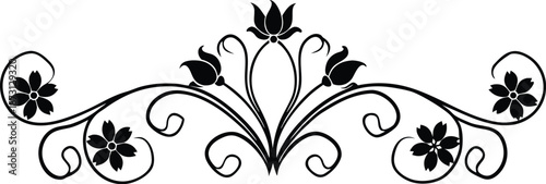 Ornamental design elements - a collection of ornate black and white floral vector elements. Each design should feature intricate swirls, curls, and botanical motifs such as leaves, vines, petals.