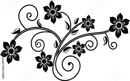 Ornamental design elements - a collection of ornate black and white floral vector elements. Each design should feature intricate swirls, curls, and botanical motifs such as leaves, vines, petals.