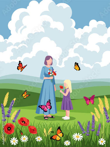 Mother's Day Vector Illustration A Tender Moment Between Mother and Daughter Amidst a Field of Poppies and Butterflies