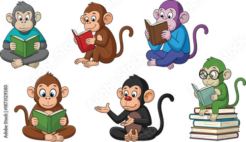 Cute cartoon monkey characters reading books and studying, funny educational animal vector illustration set