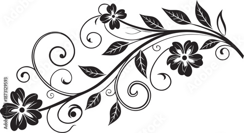 Ornamental design elements - a collection of ornate black and white floral vector elements. Each design should feature intricate swirls, curls, and botanical motifs such as leaves, vines, petals.
