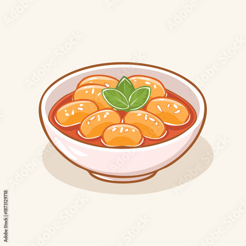 Pixel Art Style Bowl of Hearty White Beans in Tomato Sauce Garnished With Fresh Green Basil Leaves and Subtle White Specks Against a Light Cream Background