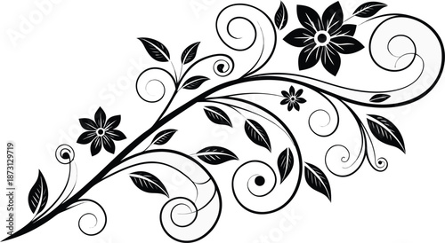 Ornamental design elements - a collection of ornate black and white floral vector elements. Each design should feature intricate swirls, curls, and botanical motifs such as leaves, vines, petals.