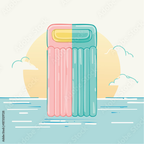 Pixel Art Inflatable Pool Float Divided In Pink And Teal Stands On Gentle Blue Water With Soft Clouds And A Large Yellow Sun In The Background