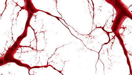 A detailed view of red veins branching across a white background with intricate patterns isolated on a transparent background