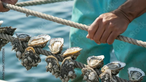 Hands holding rope with fresh oysters hanging on a fishing net over calm blue water