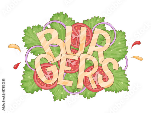 Playful burger lettering made from ingredients, letters formed by sesame buns, cheese slices and beef patties