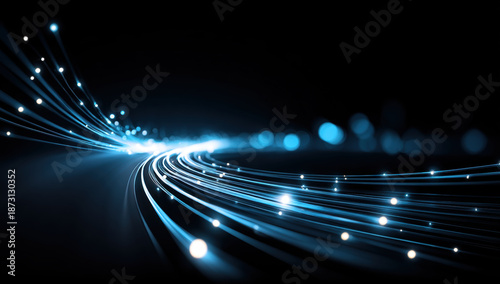 Glowing blue fiber optic cable light trail creating dynamic motion and futuristic energy