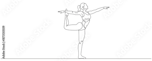 A young athletic girl practices sports yoga and fitness. A continuous line drawing of a woman doing exercises, vector illustration. Editable line art.