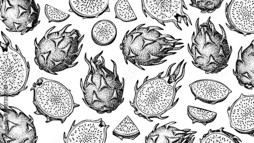 Wooden Engraving Dragonfruit in White Background