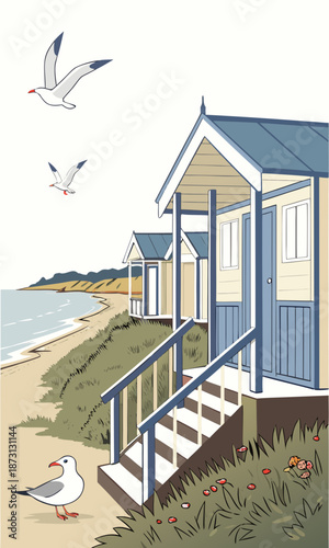Beach Huts and Seagulls on a Sunny Day Illustration.