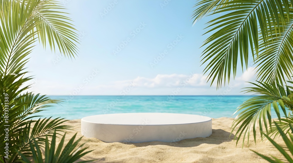 Fototapeta premium Elegant white podium centered on sunlit tropical beach framed by palm fronds