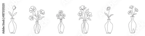 A large set of one-line drawings of flowers in a vase. Editable line art.
