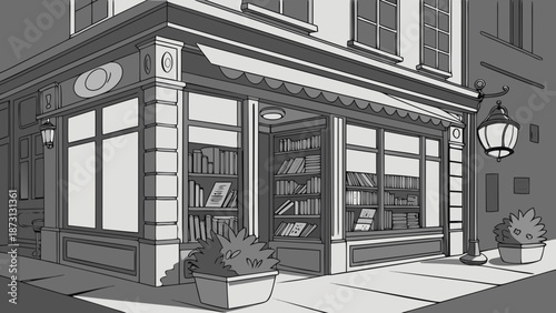 Charming Bookstore Facade A Detailed Architectural Illustration.