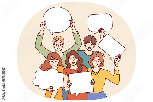 People with speech bubbles in their hands are invited to visit conversation club and exchange opinions. Happy young friends with speech clouds symbolizing new ideas after brainstorming together