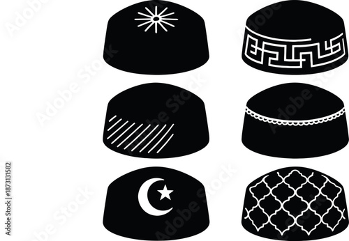 Muslim Prayer Caps Icons with Crescent Moon and Star Designs