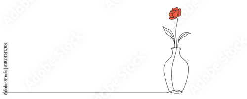A single-line drawing of flowers in a vase. A flower in a vase, drawn with a single line. Editable outline.