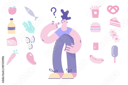 Pensive man decide among healthy and unhealthy food