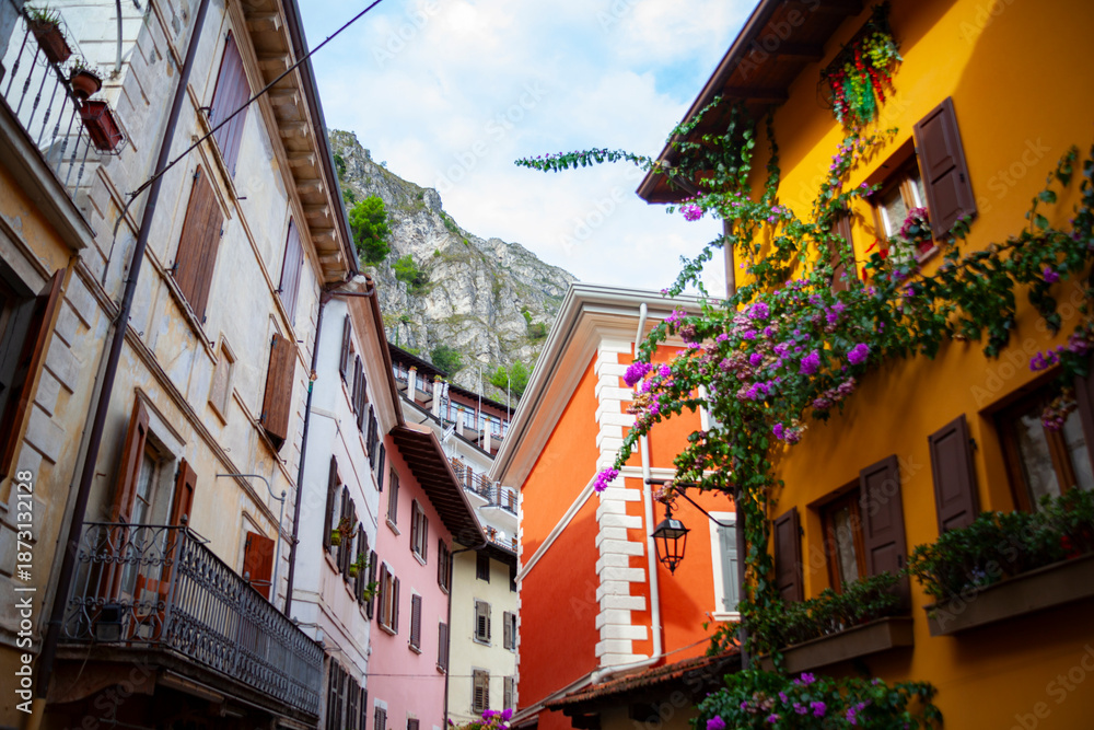 Fototapeta premium Street view from famous italian old town Limone on the coast of Garda lake
