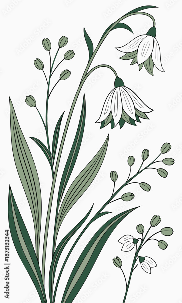 Fototapeta premium Elegant Floral Illustration Delicate White Flowers and Green Foliage.