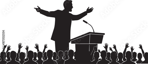 Silhouette of a Public Speaker at a Podium Addressing an Enthusiastic Crowd with Raised Hands, Symbolizing Leadership, Communication, and Audience Engagement