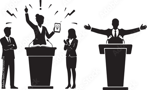 Public Speaking and Business Communication Silhouettes featuring an Energetic Speaker with an Idea, a Debate, and a Keynote Presentation