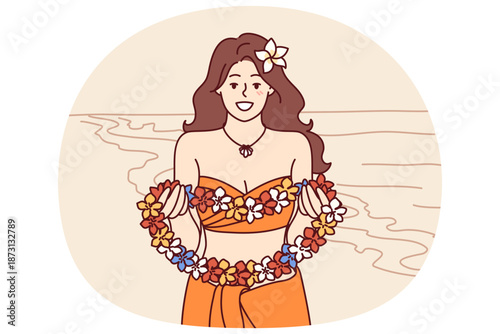 Woman from hawaiian beach holds flower lei garland and says welcome inviting tourists to islands. Beautiful girl in bikini stands on ocean coast to advertise summer tours to hawaiian resort.