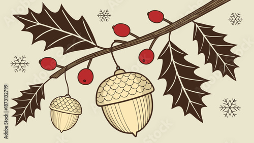 Festive Holly Branch with Acorn Ornaments and Snowflakes.