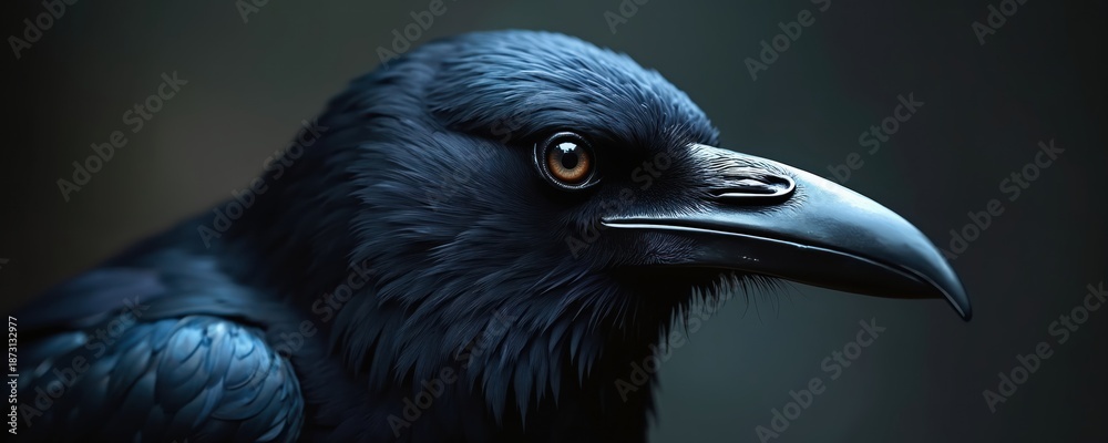 Fototapeta premium Close up view shows raven head. Bird has dark feathers. Eye is golden color. Raven poses looking into side on dark background. Great for ornithology and Halloween projects. Raven is wild bird.