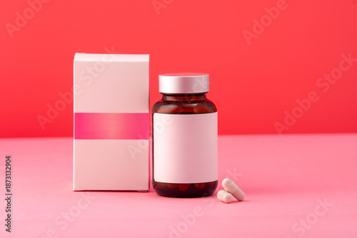 A transparent medicine bottle filled with capsules and tablets is artfully arranged alongside its protective packaging materials on a vibrant pink background. The composition showcases the pharmaceuti