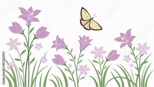 Floral Meadow with Butterfly A Serene Vector Illustration.