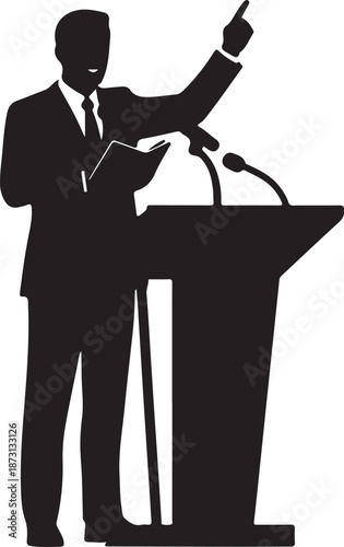 Silhouette of a male speaker, lecturer, or politician delivering a powerful speech at a podium with microphones, gesturing and pointing, on a warm gold background